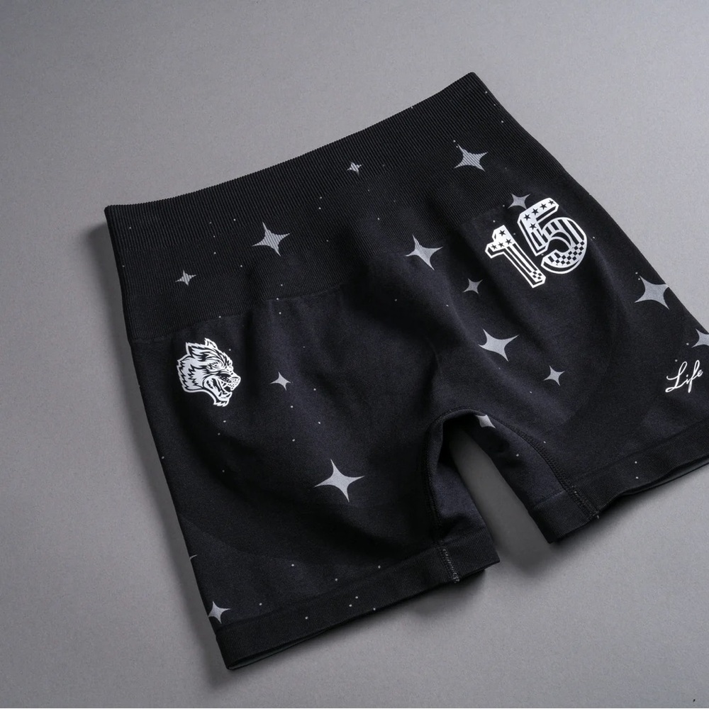 Darc Sport Black Athletic Bike Shorts with White Star and Graphic Accents